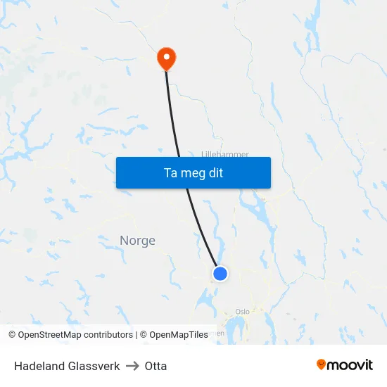 Hadeland Glassverk to Otta map