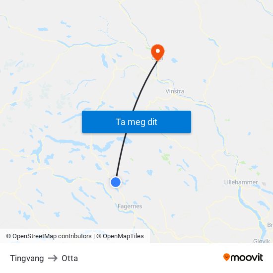 Tingvang to Otta map