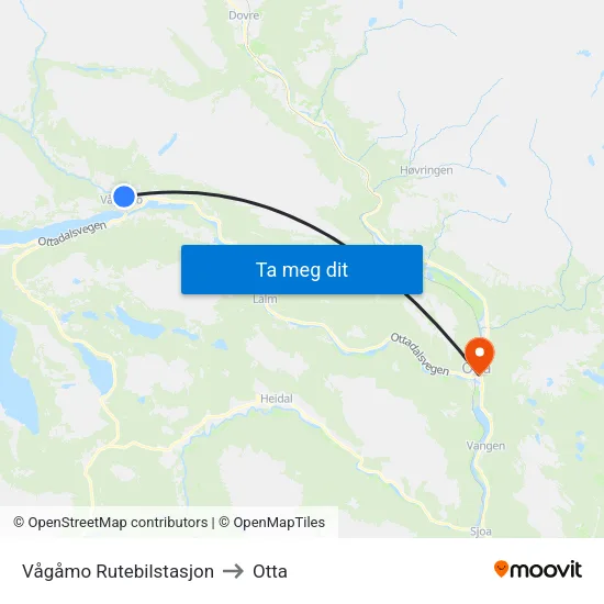 Vågåmo Rutebilstasjon to Otta map