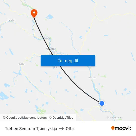 Tretten Sentrum Tjønnlykkja to Otta map