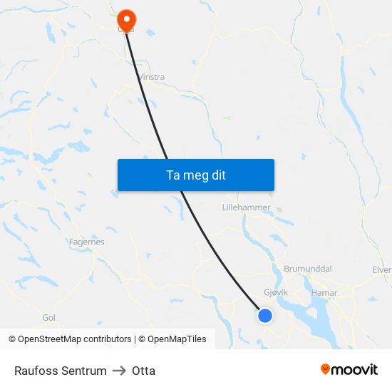 Raufoss Sentrum to Otta map