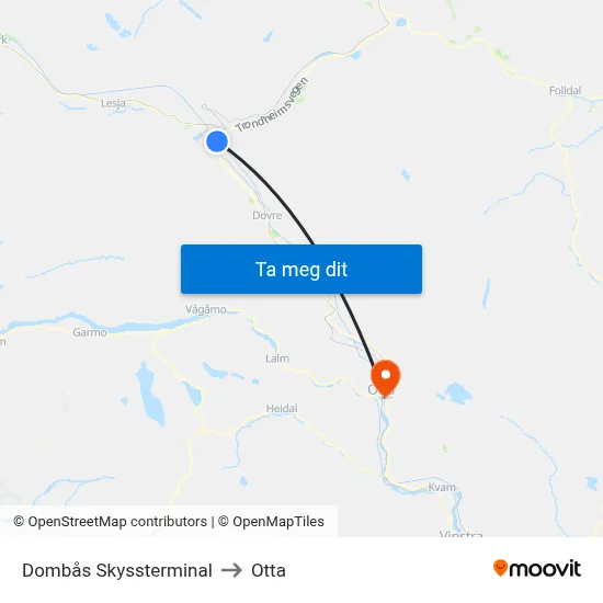 Dombås Skyssterminal to Otta map