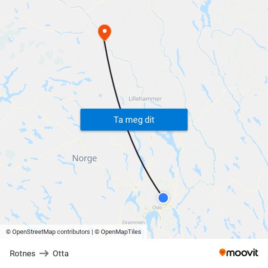 Rotnes to Otta map