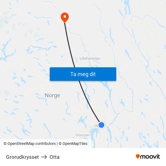 Grorudkrysset to Otta map