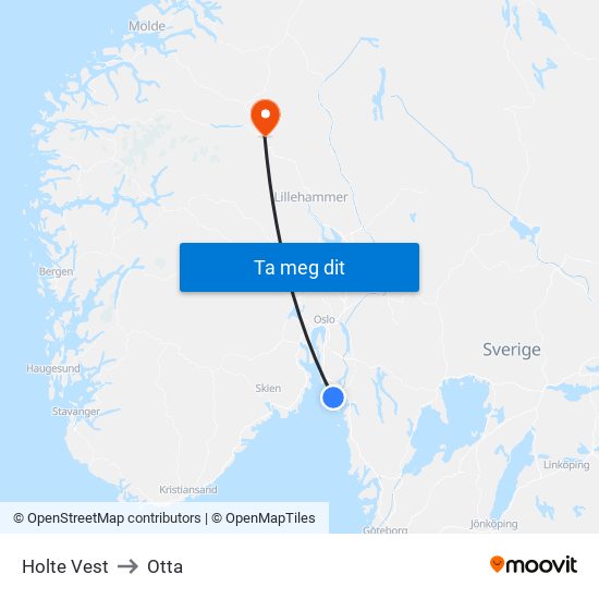 Holte Vest to Otta map