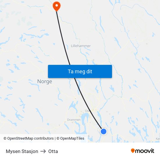 Mysen Stasjon to Otta map