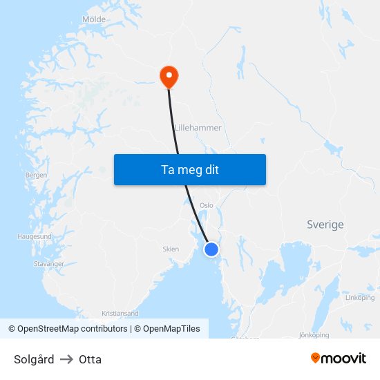 Solgård to Otta map