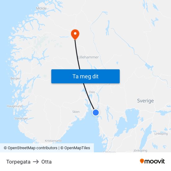 Torpegata to Otta map