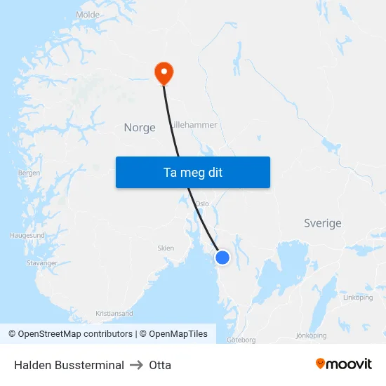 Halden Bussterminal to Otta map