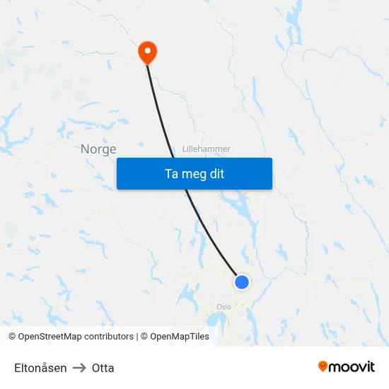 Eltonåsen to Otta map