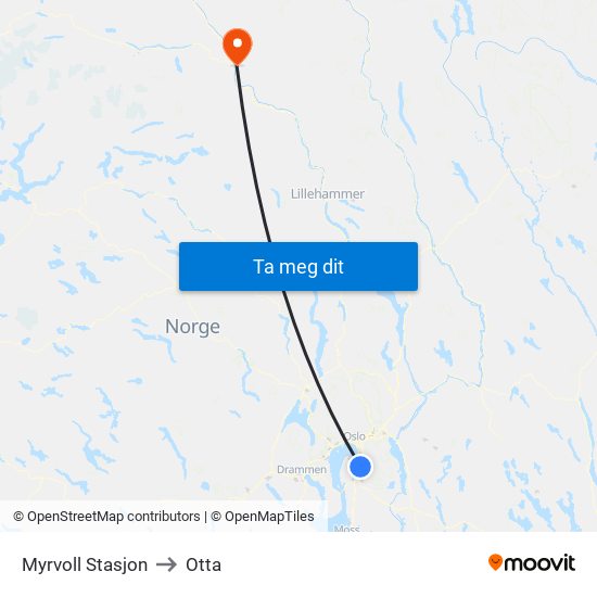 Myrvoll Stasjon to Otta map