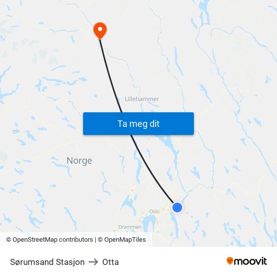 Sørumsand Stasjon to Otta map