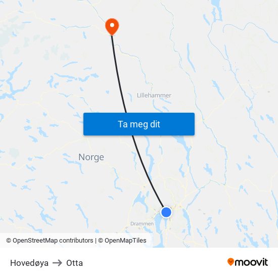 Hovedøya to Otta map