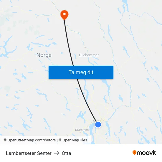Lambertseter Senter to Otta map