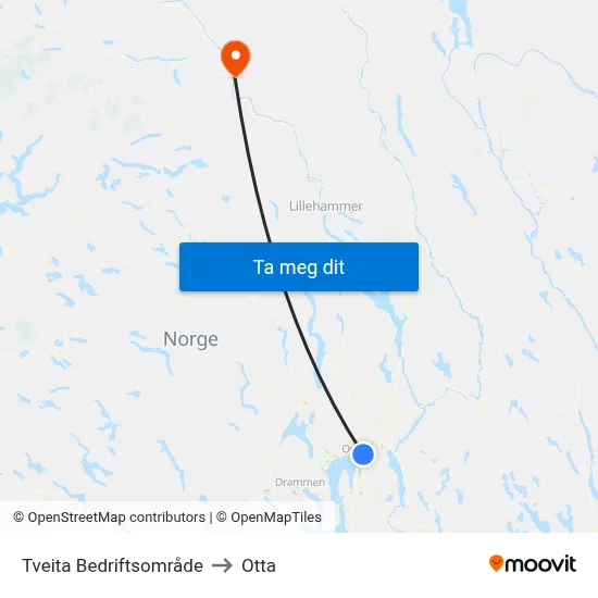 Tveita Bedriftsområde to Otta map
