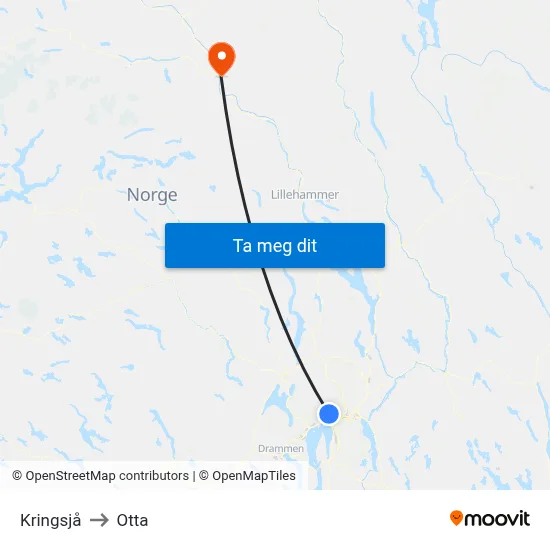 Kringsjå to Otta map