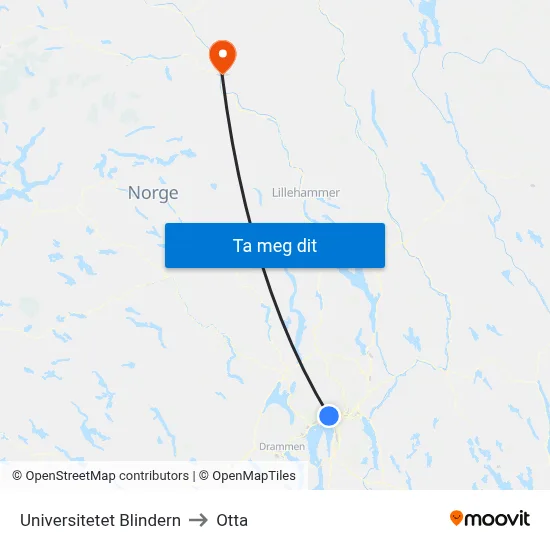 Universitetet Blindern to Otta map