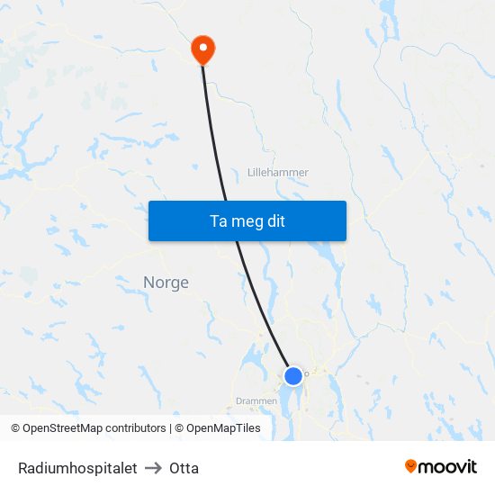 Radiumhospitalet to Otta map