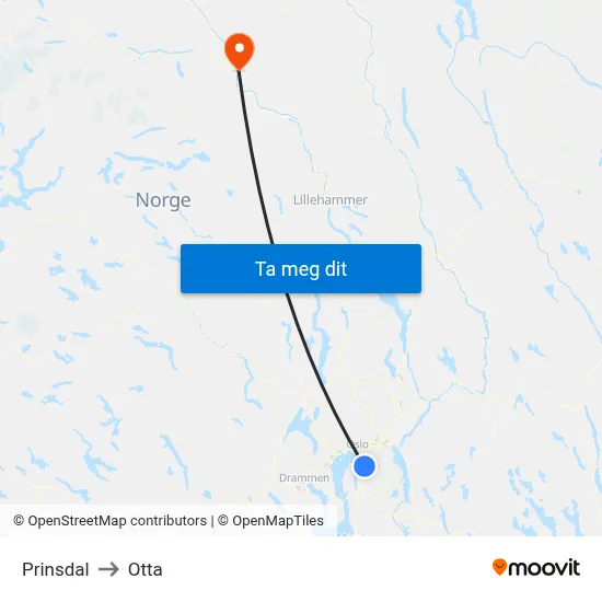 Prinsdal to Otta map