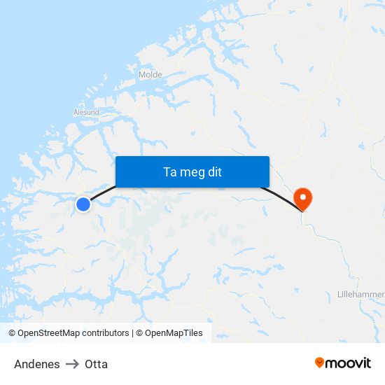 Andenes to Otta map