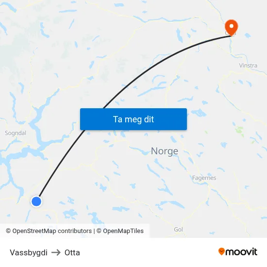 Vassbygdi to Otta map