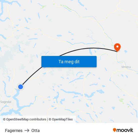 Fagernes to Otta map