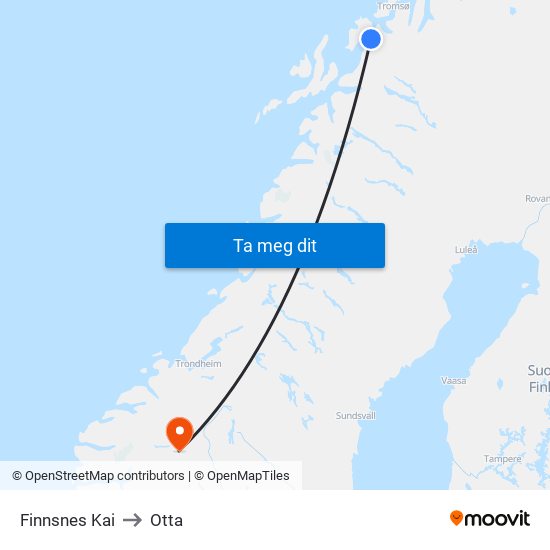 Finnsnes Kai to Otta map