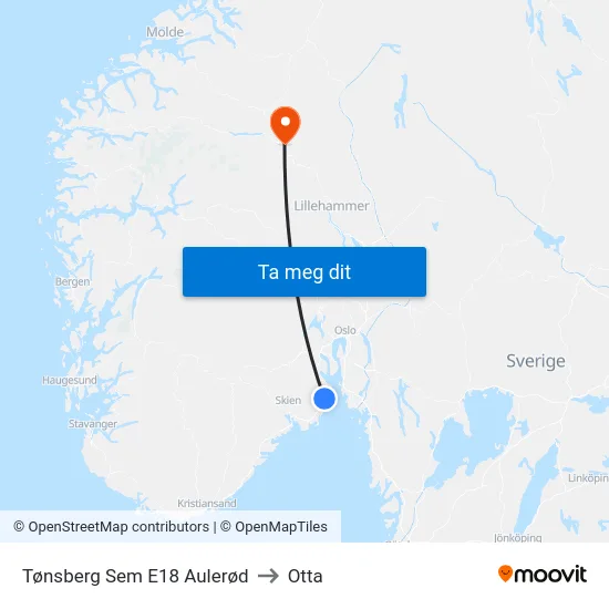 Tønsberg Sem E18 Aulerød to Otta map