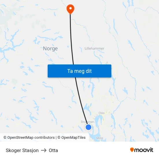 Skoger Stasjon to Otta map