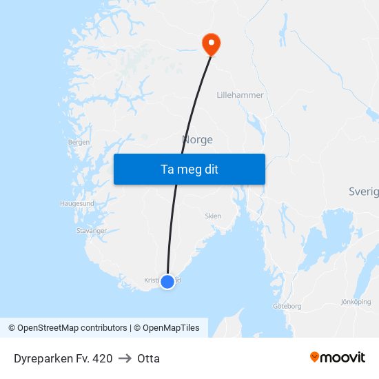 Dyreparken Fv. 420 to Otta map