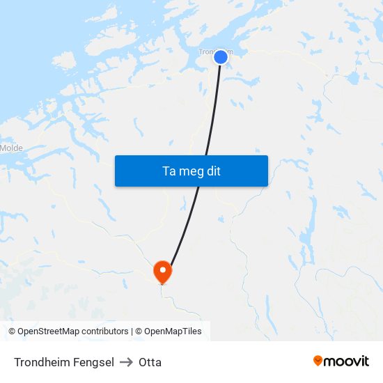 Trondheim Fengsel to Otta map