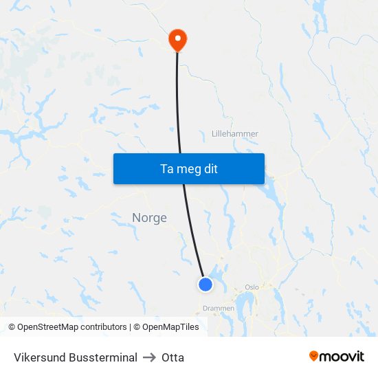 Vikersund Bussterminal to Otta map