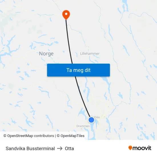 Sandvika Bussterminal to Otta map