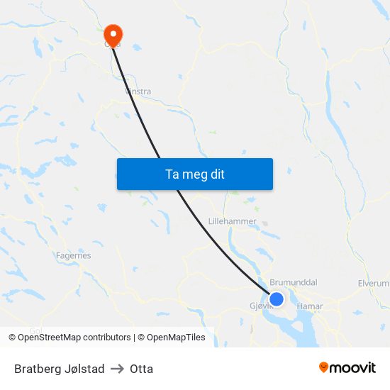 Bratberg Jølstad to Otta map