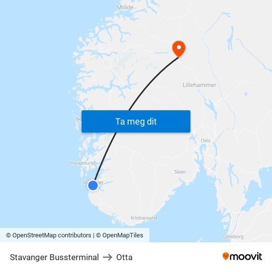 Stavanger Bussterminal to Otta map