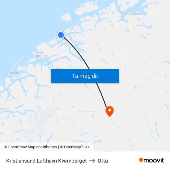 Kristiansund Lufthavn Kvernberget to Otta map