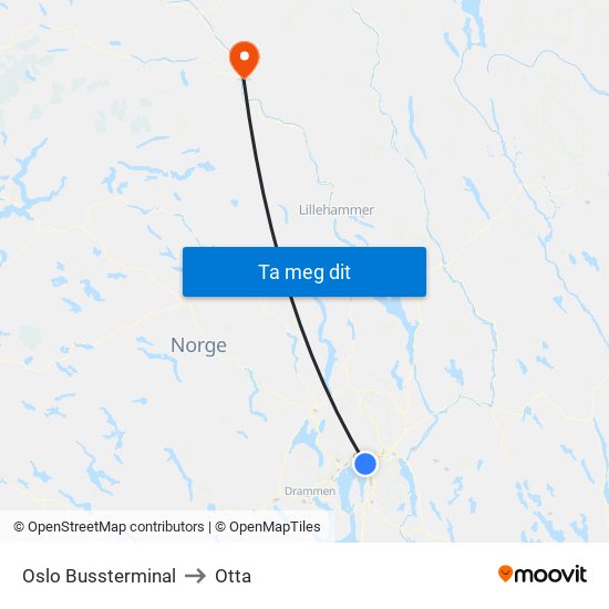 Oslo Bussterminal to Otta map