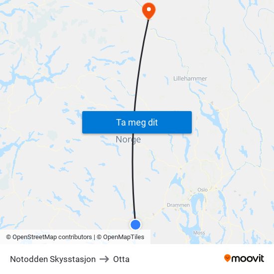 Notodden Skysstasjon to Otta map