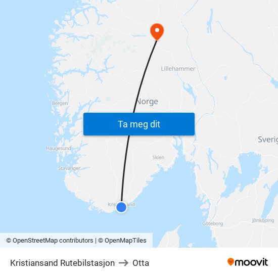 Kristiansand Rutebilstasjon to Otta map
