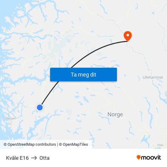 Kvåle E16 to Otta map