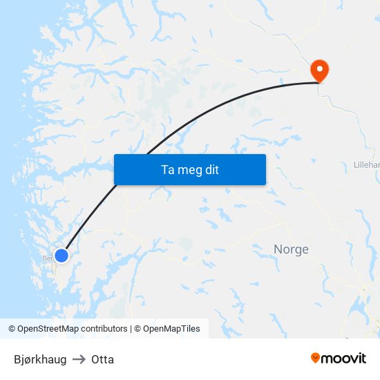 Bjørkhaug to Otta map