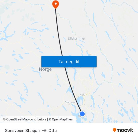 Sonsveien Stasjon to Otta map