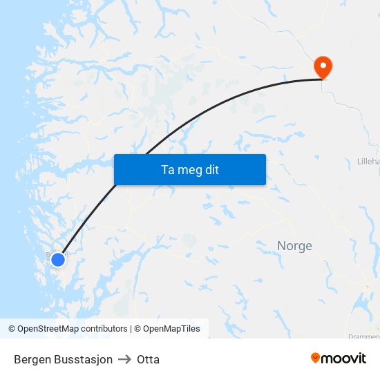 Bergen Busstasjon to Otta map