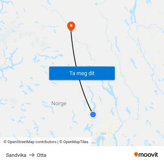 Sandvika to Otta map