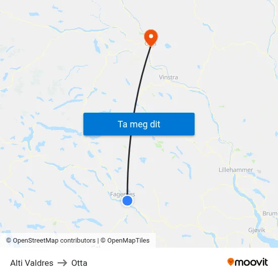 Alti Valdres to Otta map