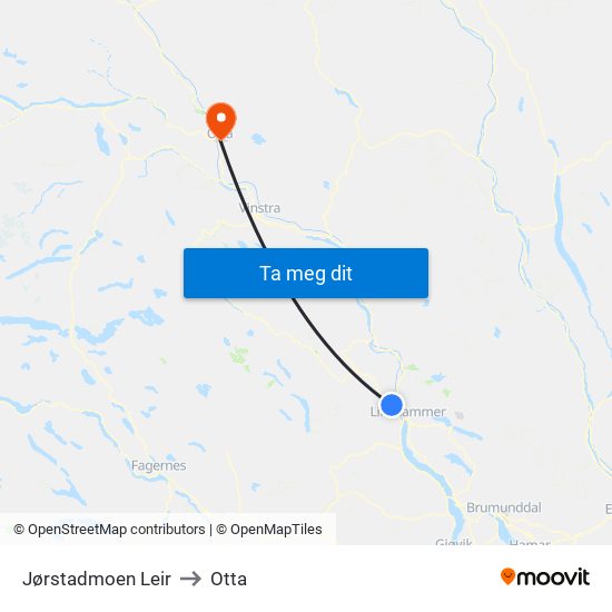 Jørstadmoen Leir to Otta map