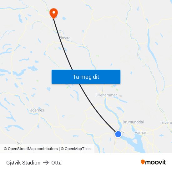 Gjøvik Stadion to Otta map