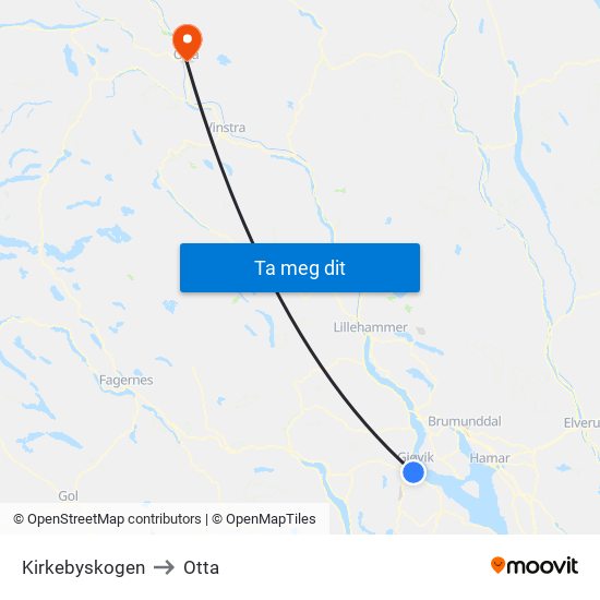 Kirkebyskogen to Otta map