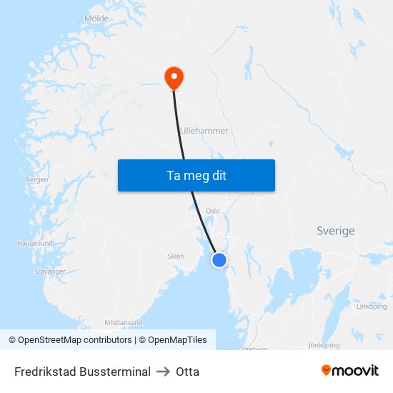 Fredrikstad Bussterminal to Otta map