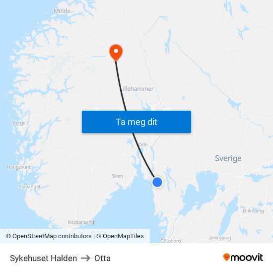 Sykehuset Halden to Otta map